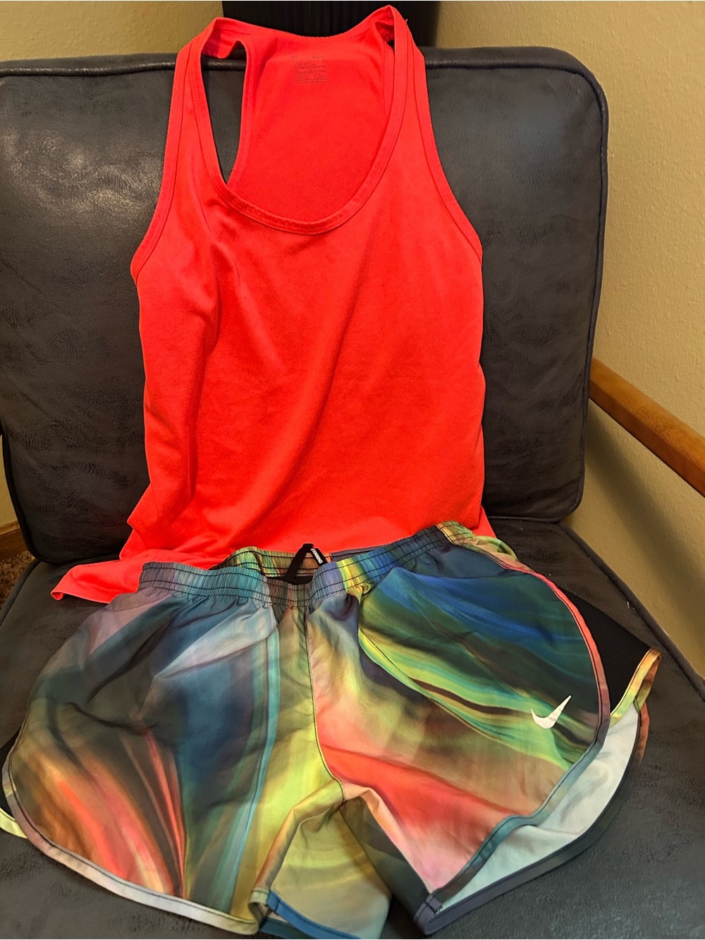 Nike Women’s Neon Coral Tank with Multicolor Athletic Shorts